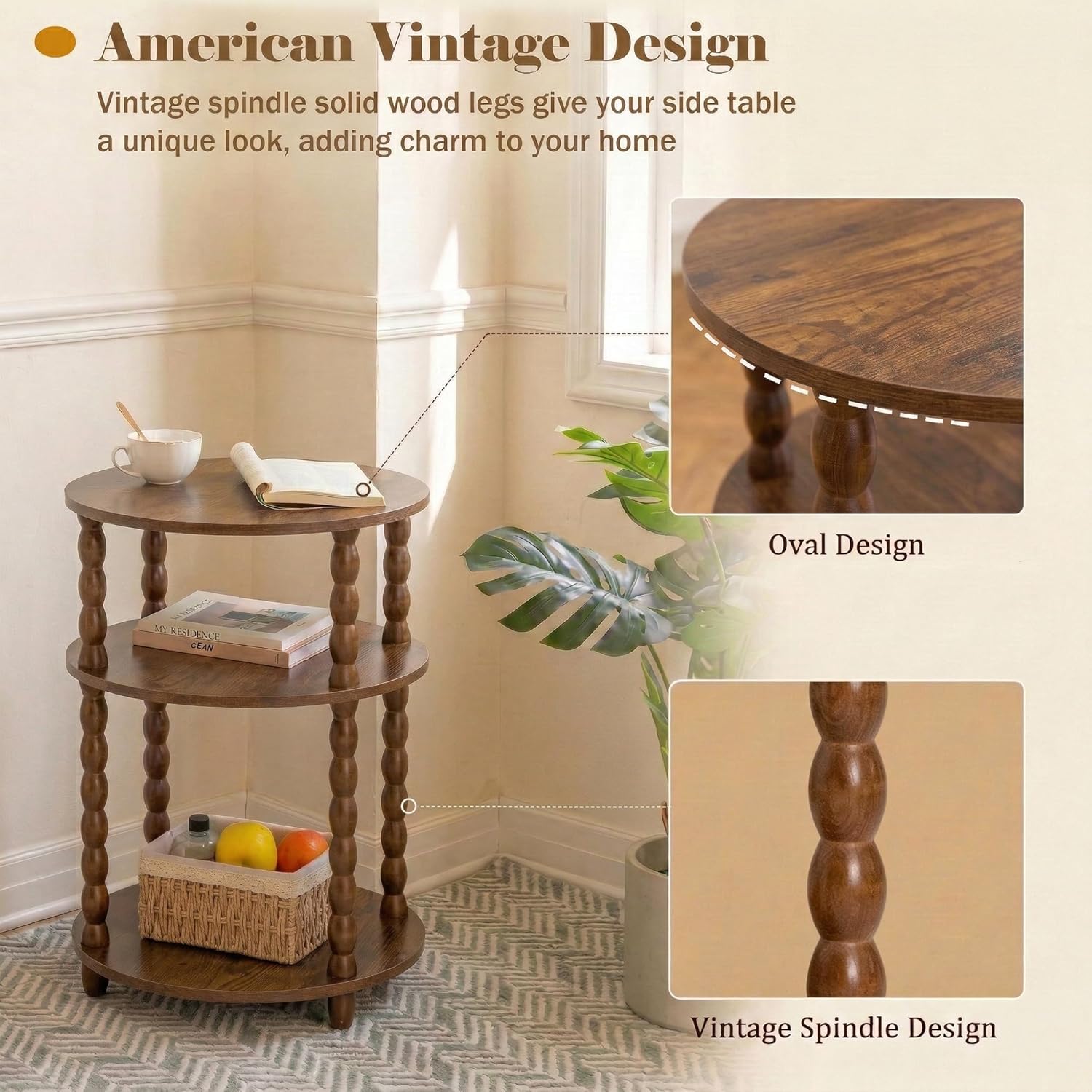 3-Tier Oval Side Table with Solid Wood Legs, Small End Table with Storage Shelves for Living Room Bedroom, Modern Night Stand Accent Table for Small Spaces, Easy Assembly