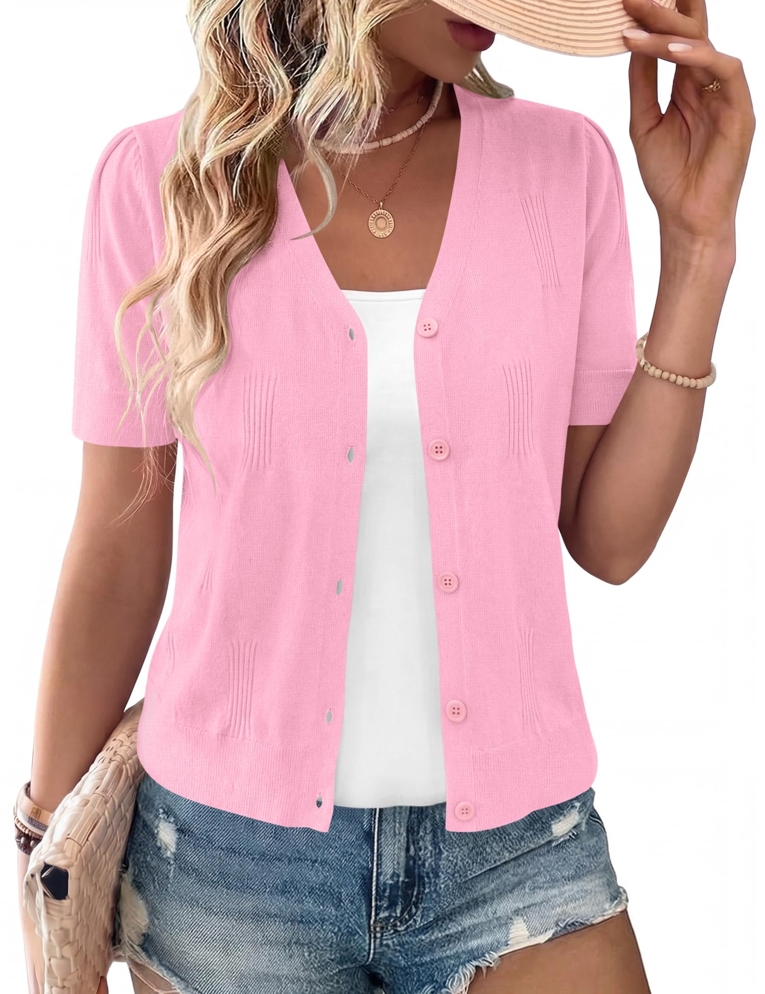 Womens Cardigan V Neck Short Sleeve Lightweight Knit Cropped Sping Summer Cardigans Sweaters-image-47