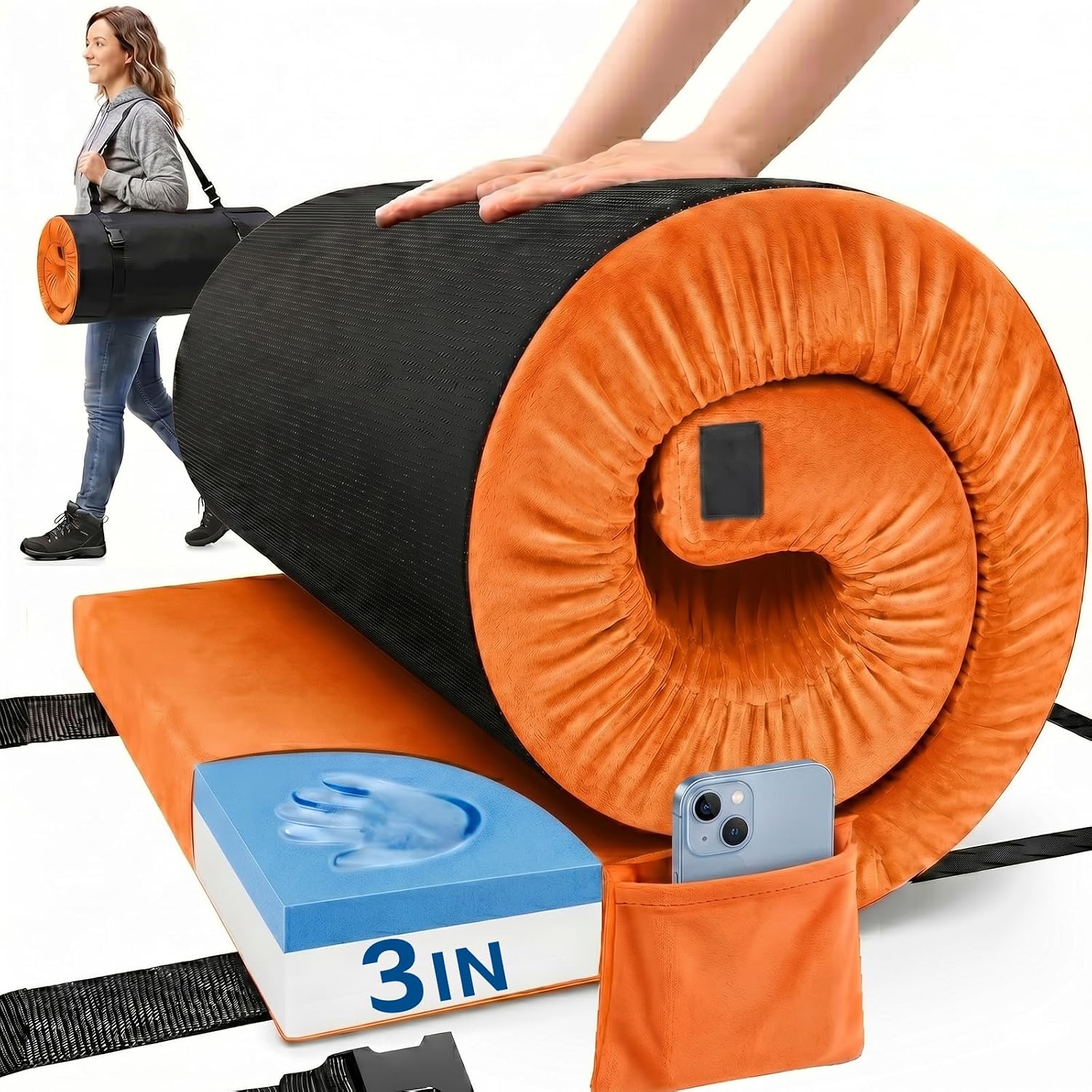Camping Mattress Pad, 3 Inch Memory Foam Camping Mattress with Non-Slip Bottom & Washable Cover, Portable Roll Up Floor Camping Mat, Camping Sleeping Pad for Adults, Car Bed with Travel Bag