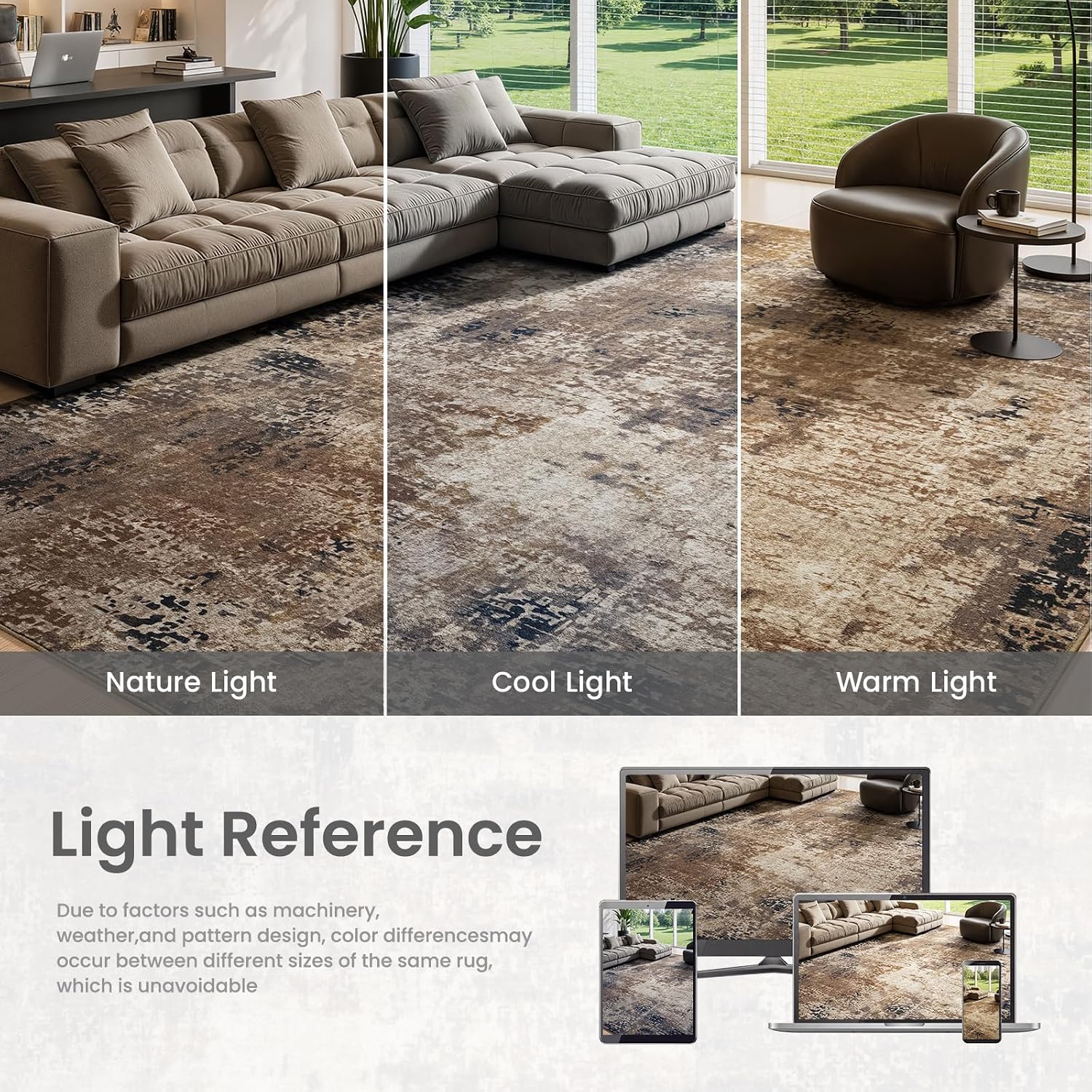 The rug displayed under different lighting conditions: nature light, cool light, and warm light