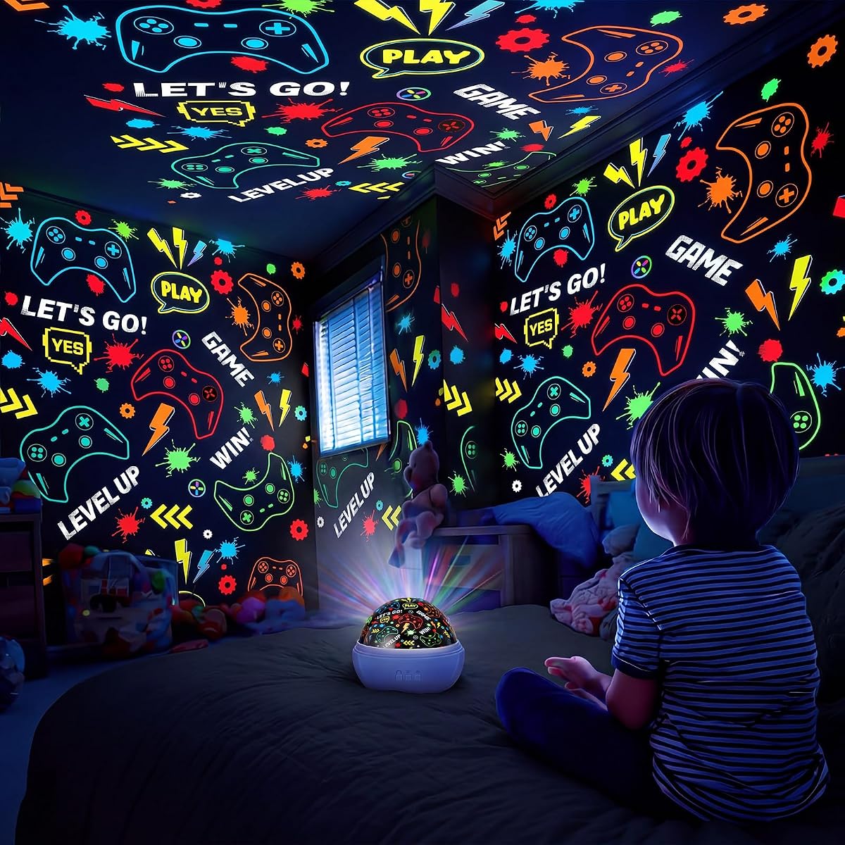Lewtemi Gaming Room Decor Night Light for Boys 2 in 1 Game Controller Projector