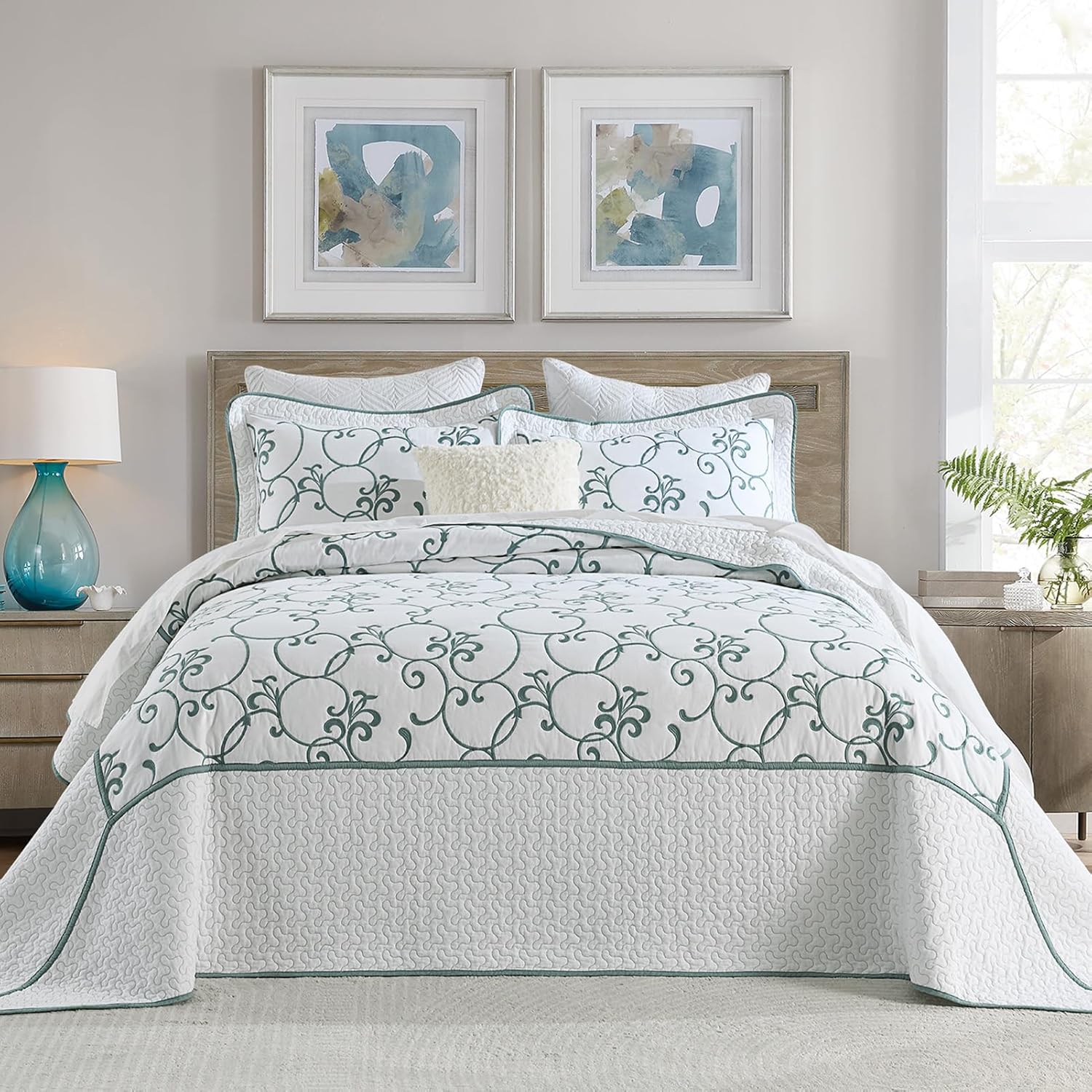 Oversized King Bedspread 128"x120" - 100% Cotton California King Quilt, Embroidered Bedspread Coverlet with Pillow Shams, Lightweight Quilted Bedding Set 3 Piece, Aqua Blue/White