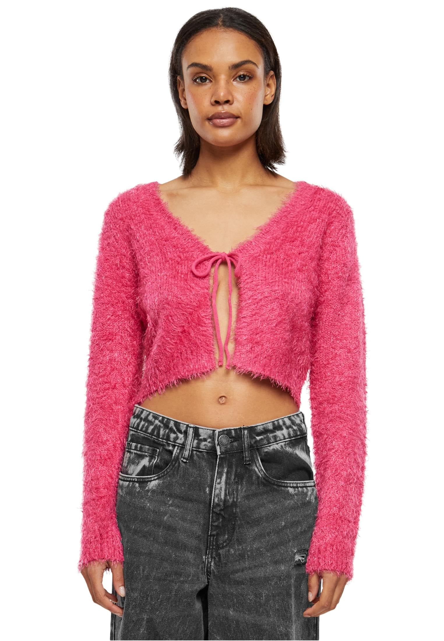 Urban Classics Damen Strickjacke Tied Cropped Feather Cardigan hibiskuspink XL