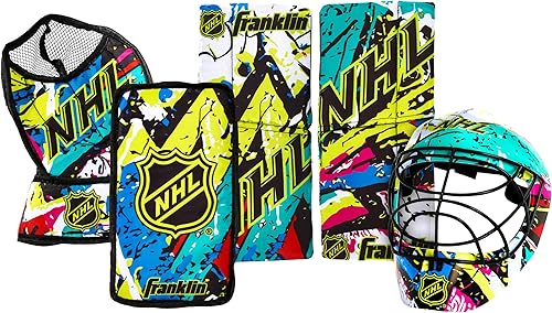 Franklin Sports NHL - Juego de almohadillas de portero de hockey juvenil + casco, rodilla para niños + equipo de portero de hockey, (2) almohadillas