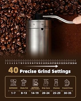 Manual Coffee Grinder with 40 Adjustable Grind Settings With Ceramic Conical Burr,Handheld Grinder with Handle Crank, Portable Hand Coffee Mill with 35g Capacity,Espresso,Pour Over,French Press