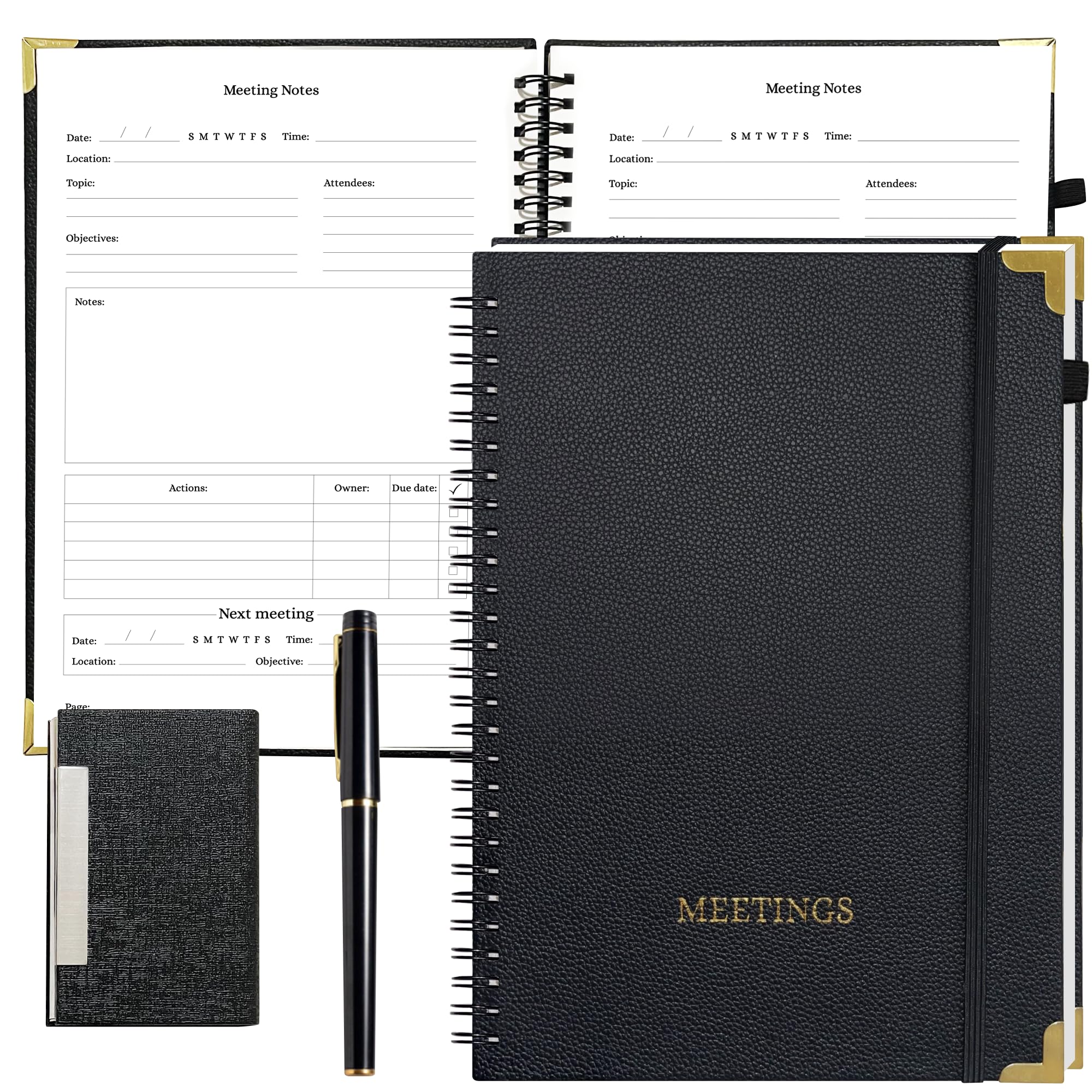 3 quaderni per riunioni da lavoro, viene fornito con una penna e un porta biglietti da visita, pelle PU, notebook per riunioni, angolo in metallo nero e oro, 17,8 x 25,4 cm, pianificatore aziendale