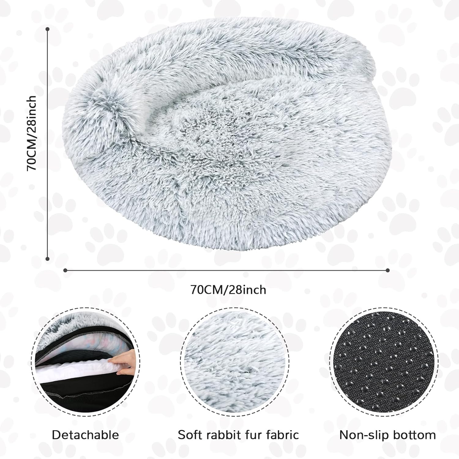 Cat Bed Round, Ultra Soft Washable Dog Couch Bolster, Anti-Slip Sleeping Mat for Kitten and Puppy(28×28inch, Grey)