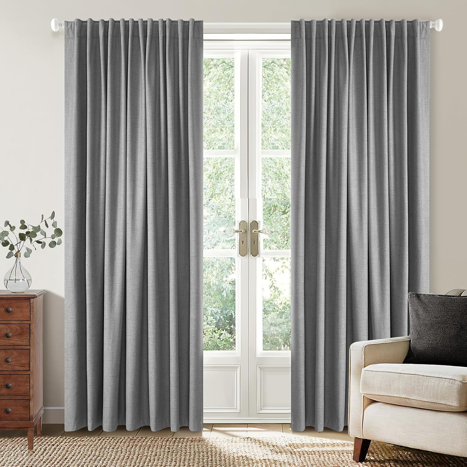 100% Blackout Curtains 84 Inch Length 2 Panel Set, Heavy Duty Flax Linen Curtains for Living Room, Thermal Insulated Drapes for Bedroom, W52 x L84 Inch-Grey 52\"W x 84\"L (Pack of 2) white --3 in 1