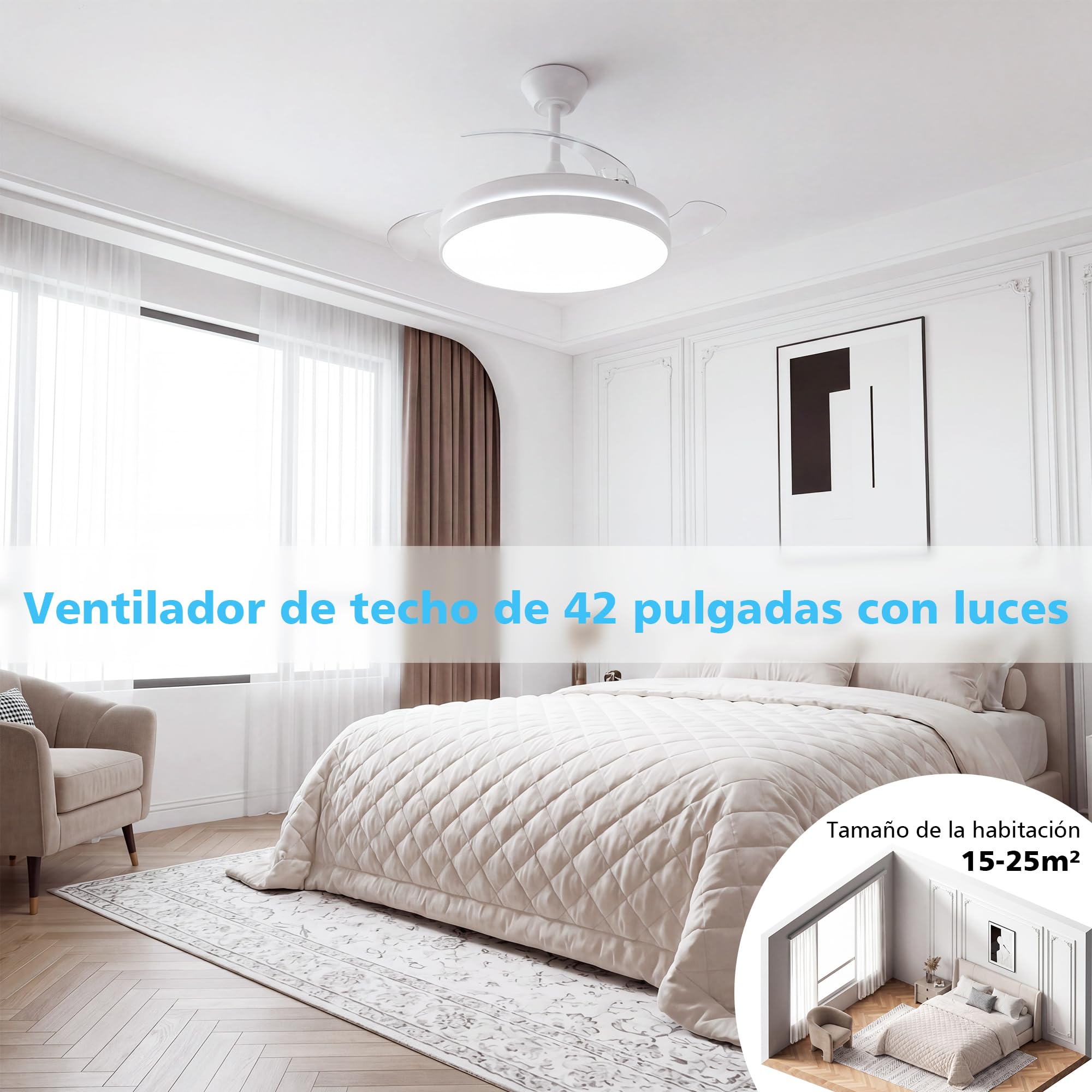 NIORSUN Ventilador de techo con luz,42" (106cm) Ventilador de techo,3 tonalidades, aspas desplegables, 40w 6 velocidades, APP&control remoto, Función Verano-Invierno,Blanco