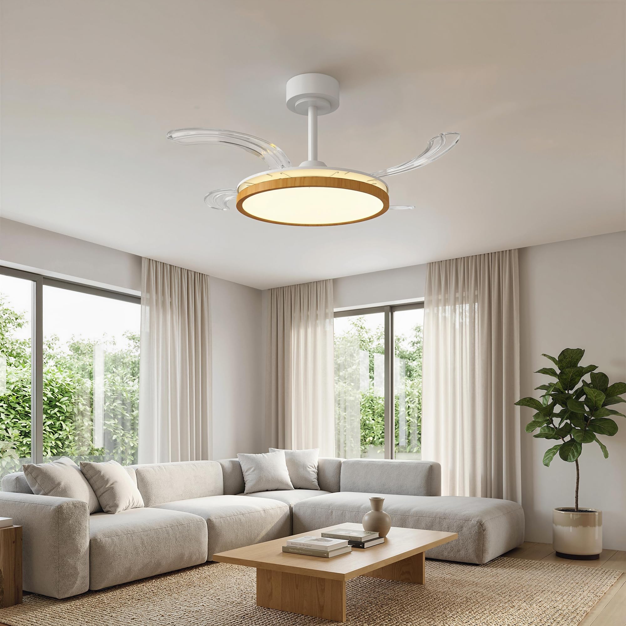 HOMCOM Ventilateur de plafond avec lumière LED, plafonnier ventilateur Ø95 cm, 4 pales rétractables moteur CC silencieux, 6 vitesses, 3 températures de couleur, télécommande, minuterie, mode été-hiver