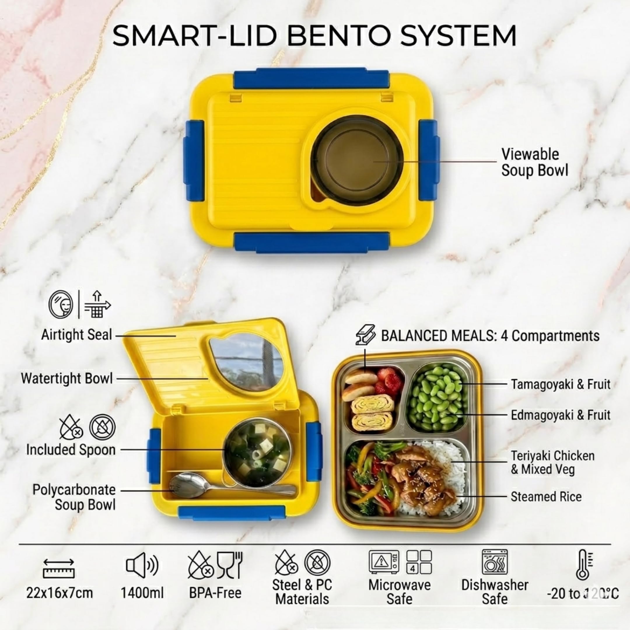 Kitchen Bloom Stainless Steel Bento Lunch Box 3 Compartment with Steel Cutlery, Heating Insulation | Lunch Box for Office Men, Women & Kids | Tiffin Box (Blue & Yellow) 1000 ML 2