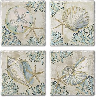 Shells Multi-Image Absorbent Stone Tumbled Tile Coasters with Protective Cork Backing Set of 4 Made in The USA Multi Color Stoneware