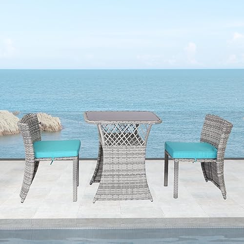 Miniatura 3 de yoyomax Juego de muebles de patio de 3 piezas, juego de bistró de mimbre de ratán PE con estante de almacenamiento, sillas de sofá de patio con mesa