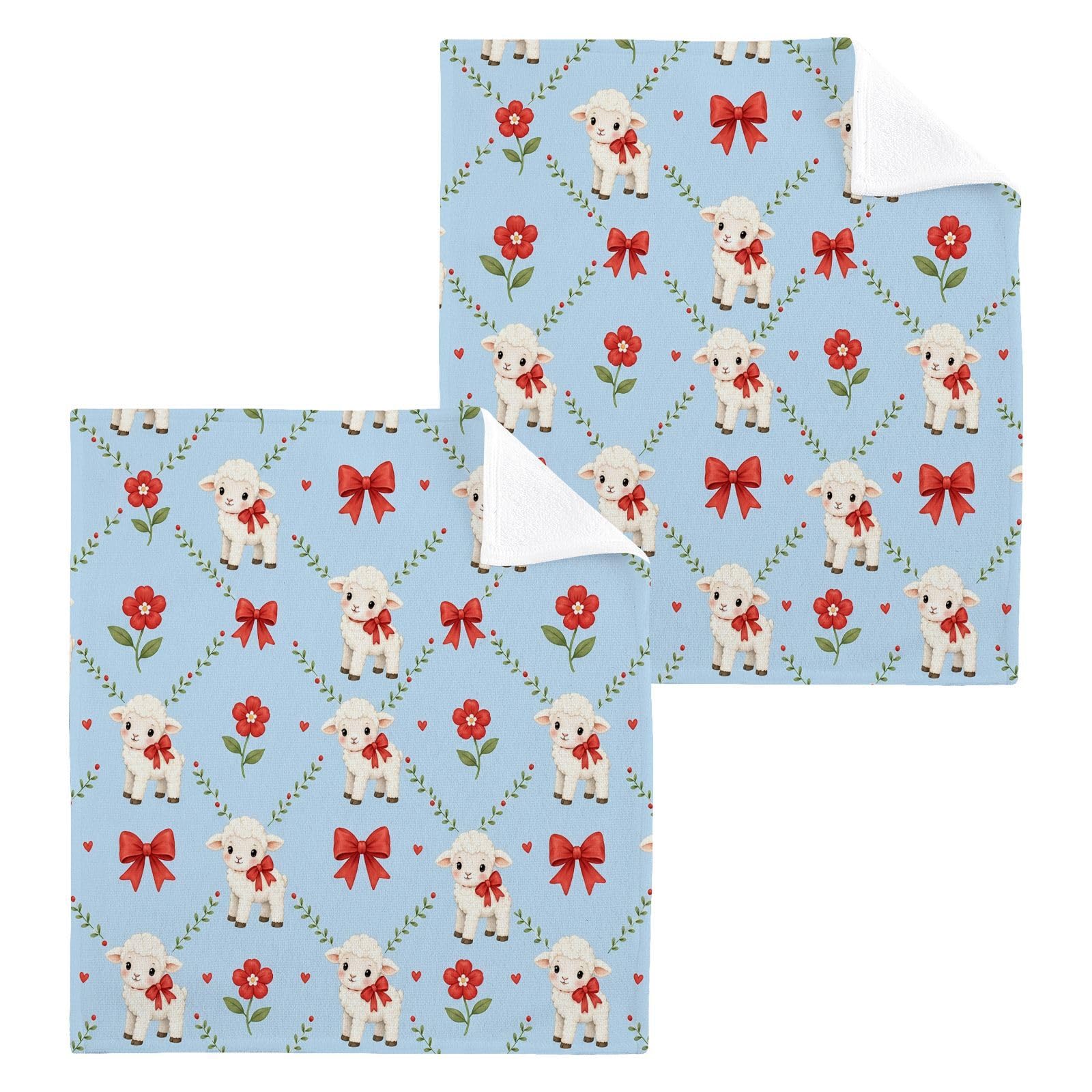 BOESI Bow Lamb 12x12in Cotton Washcloth,Soft Absorbent Face Towel