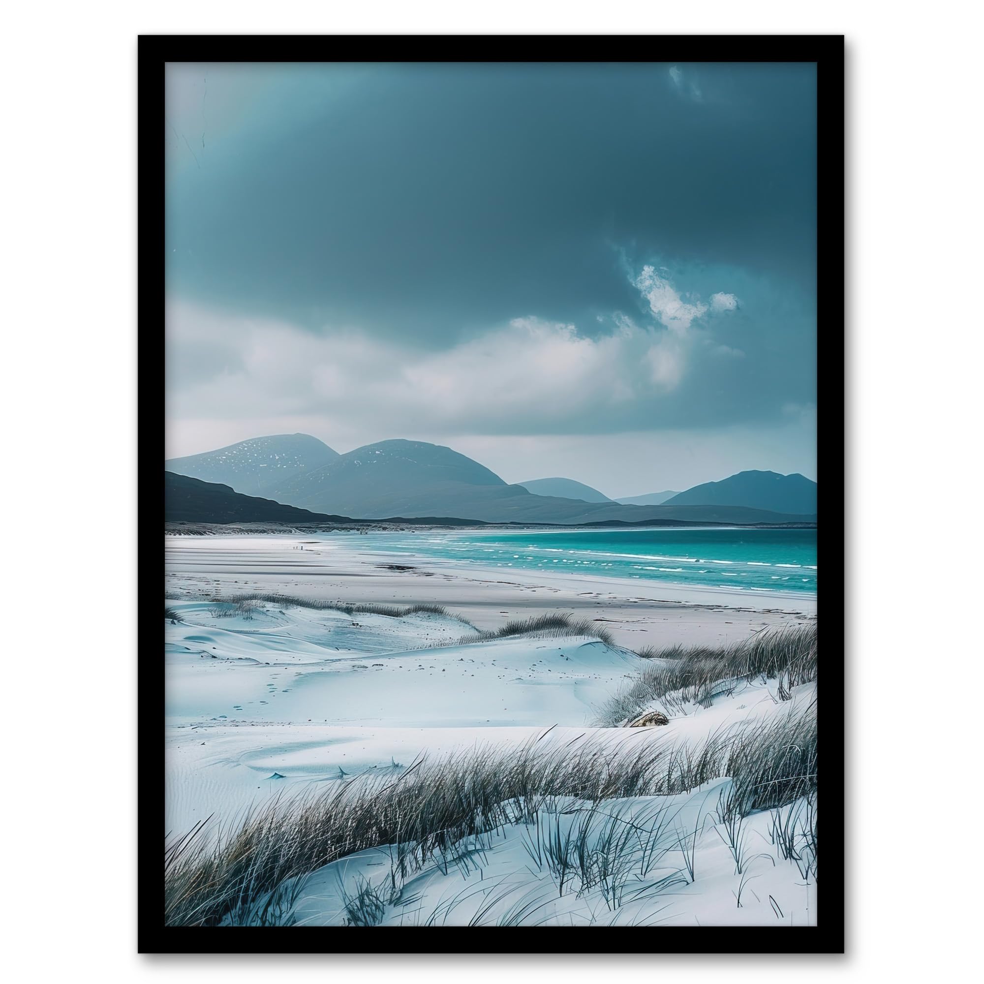 Isle of Harris Scotland White Sand Luskentyre Beach Framed Art Print - Artery8 - A4 Size - Blue