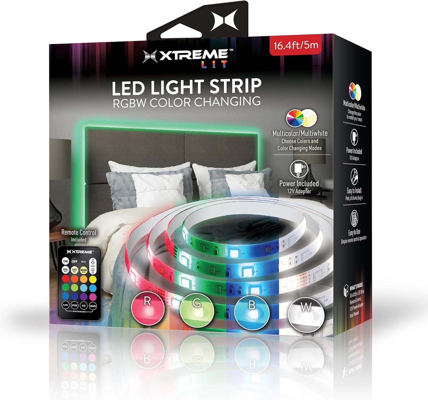 XTREME Lit 16.4ft RGBW Color-Changing Indoor LED Light Strip, 12V Adapter, Easy DIY Installation
