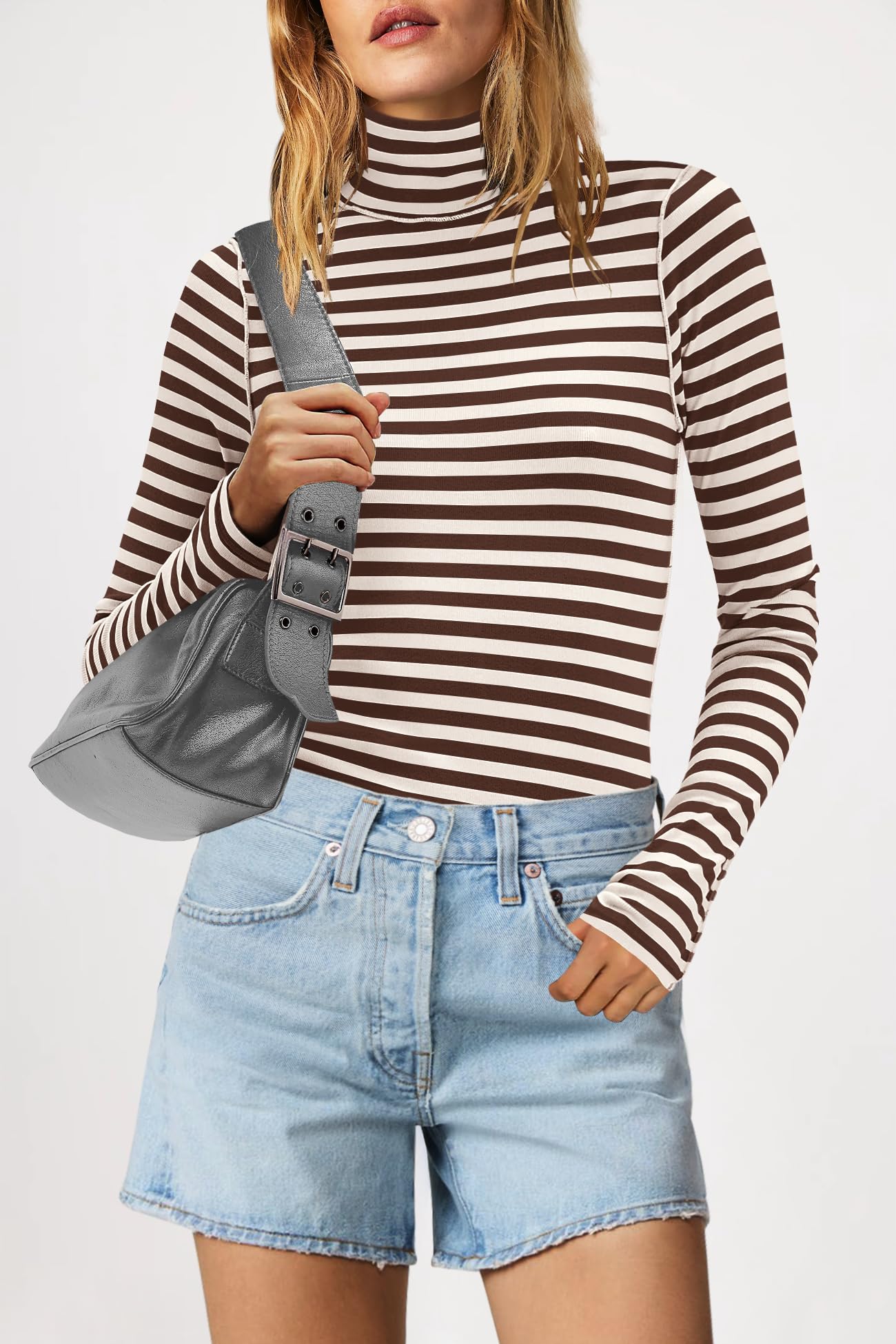 SENSERISE Camiseta de manga larga a rayas para mujer, cuello alto, acanalada, ajustada, ligera, para mujer