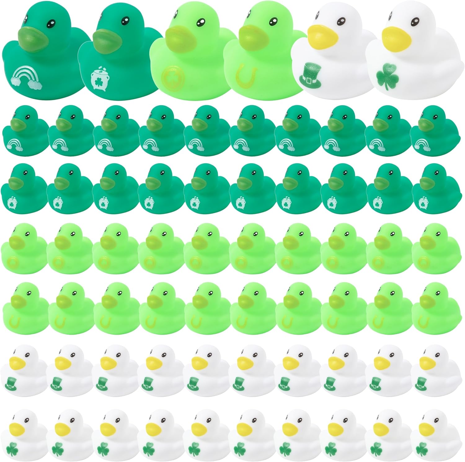 Haooryx St. Patrick's Day Mini Rubber Duck - 60Pcs Shamrock Lucky Charm Ducky Novelty Duck Squeak Bathtub Float Bath Toy for St. Patrick's Day Decoration Birthday Gift Party Favor Easter Basket Filler