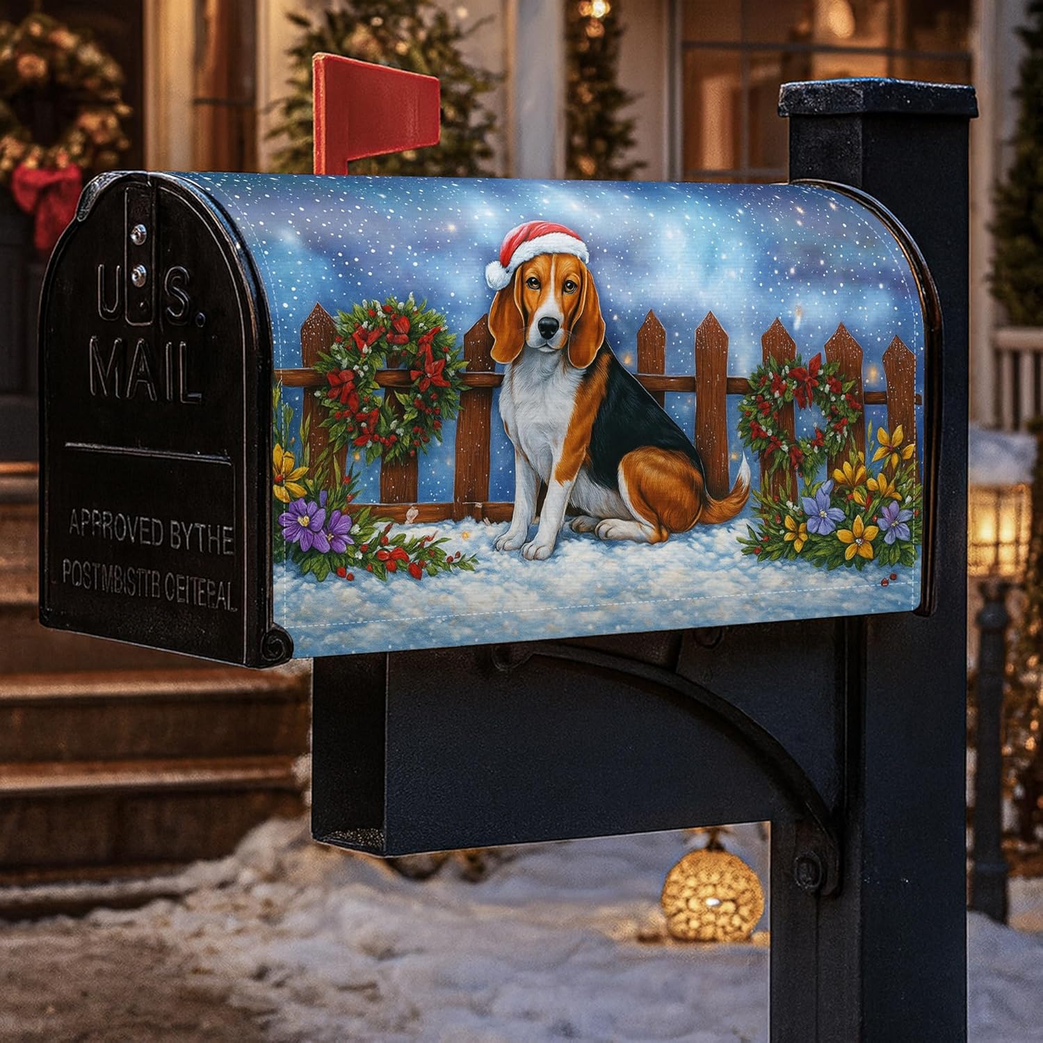 Beagle Magnetic Mailbox Covers, Christmas Festive Snow Wreath Xmas Brown Mailbox Post Cover for Outdoor Decorations 18x21 Inch