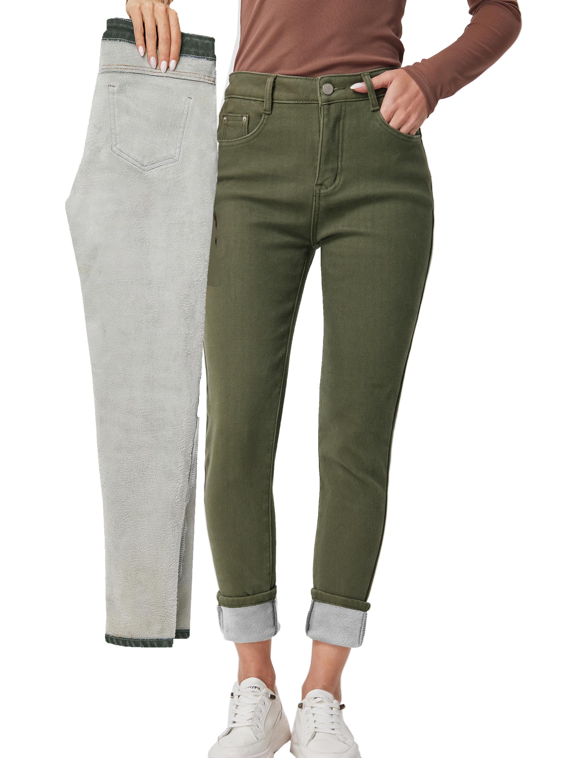heipeiwa Womens Winter Jeans Thick Skinny Pants Fleece Lined Slim Stretch Warm Jeggings, Green with White Lining, M