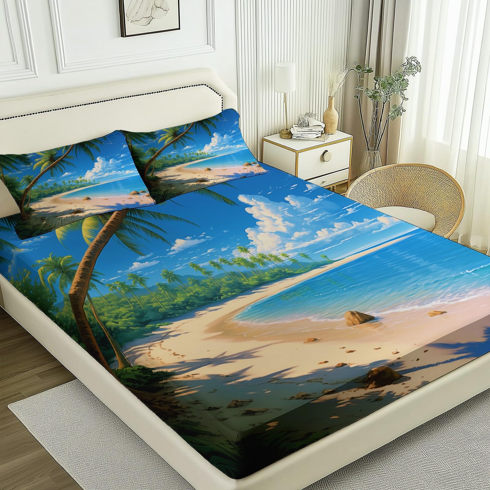 Completo letto Matrimoniale con lenzuolo sopra morbido e confortevole (160x190x30 cm) e 2 federa, motivo Spiaggia Palme Palme Da Cocco, in microfibra spazzolata 100%, senza rughe e anallergico, Blu