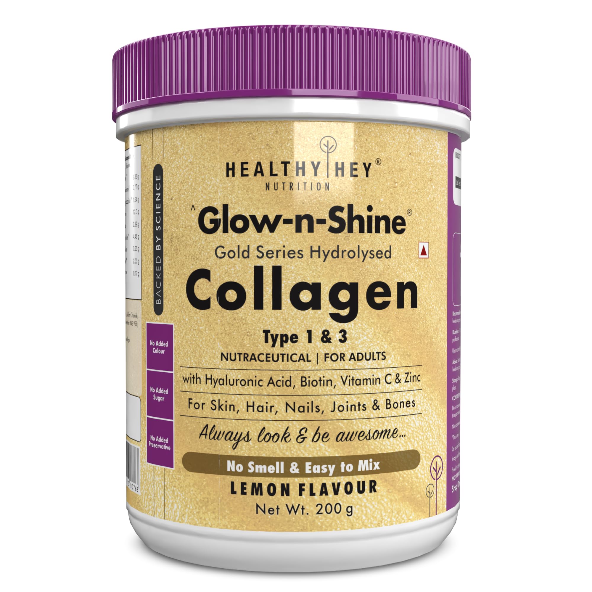 HealthyHey Nutrition HealthyHey Skin Glow-n-Shine® Collagen Powder 200g | Hydrolysed Collagen for Women&Men with Hyaluronic Acid,Biotin&Vitamin C for Healthy Skin,Hair&Nails-(Lemon,200gm)