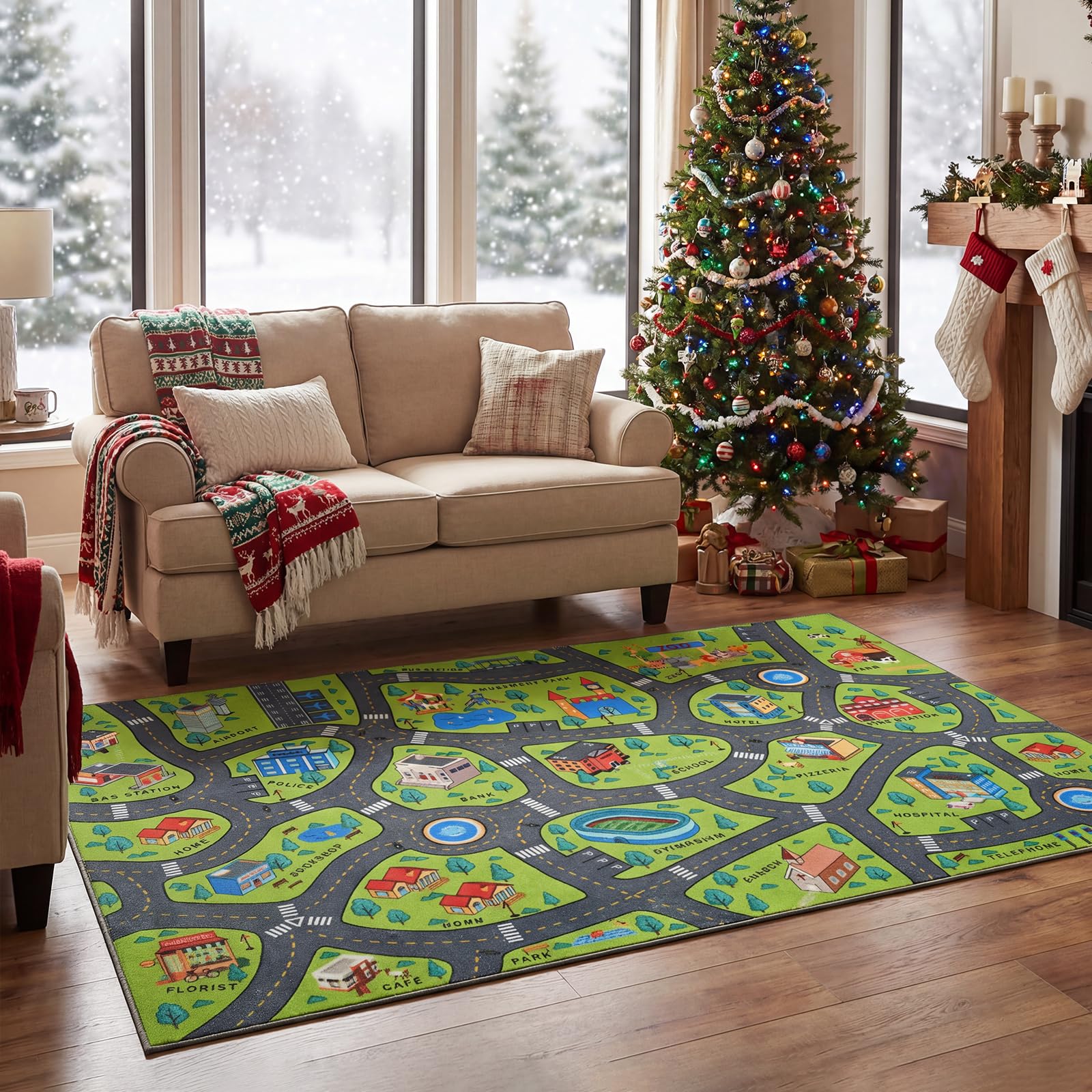 Merelax 4x6 Kids Car Area Rug, Green Grey Area Road Rugs for Living Room Playroom Classroom Bedroom, Non Slip Kids Play mat, Washable Rug, Educational