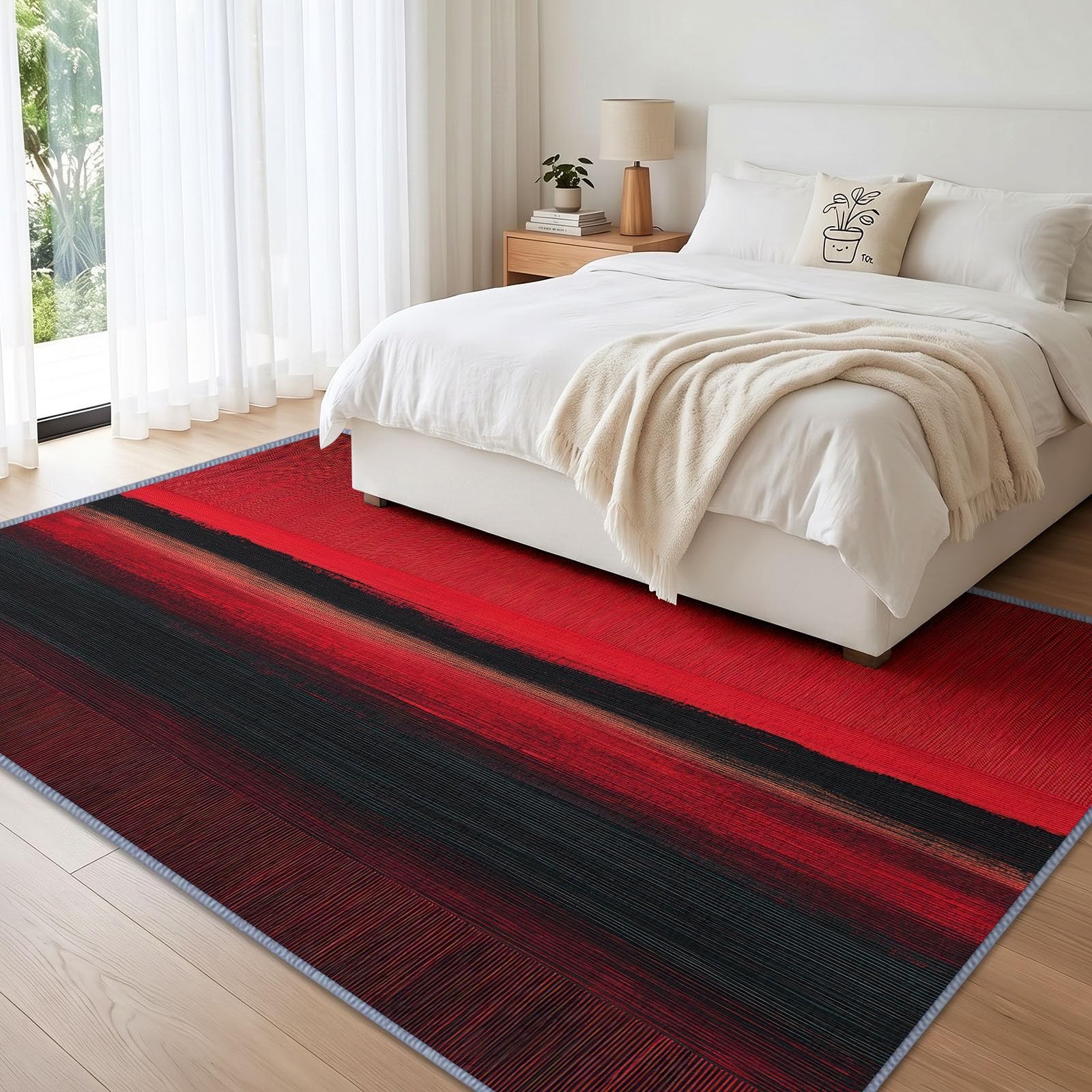 Générique Tappeto astratto per soggiorno, rosso, nero, a righe, lavabile in lavatrice, 180 x 240 cm, grande tappeto a pelo corto antiscivolo, morbido per adulti, camera da letto, sala da pranzo