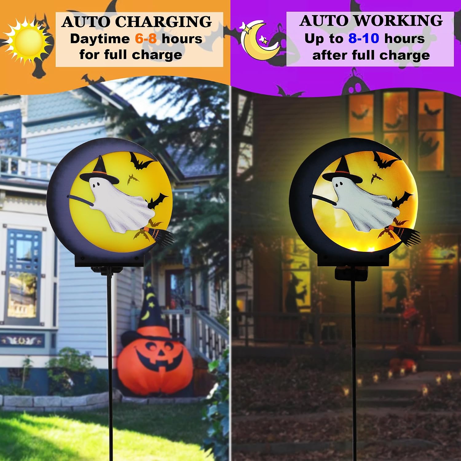 Solar-Powered Halloween Garden Decoration Products, Outdoor Solar Garden Acrylic and Metal Wooden Stake Lights, Interesting Ghost and bat Wooden Stakes and LED Lights for Halloween Outdoor Decoration