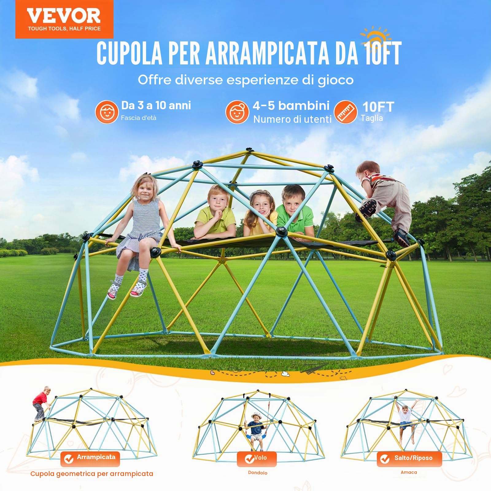 VEVOR Cupola da Arrampicata Geometrica per Bambini da 3 a 10 Anni, Cupola d'Arrampicata 305 cm con Amaca e Altalena, Portata 340 kg, con Maniglia da Arrampicata, Parco Giochi per Interno Esterno