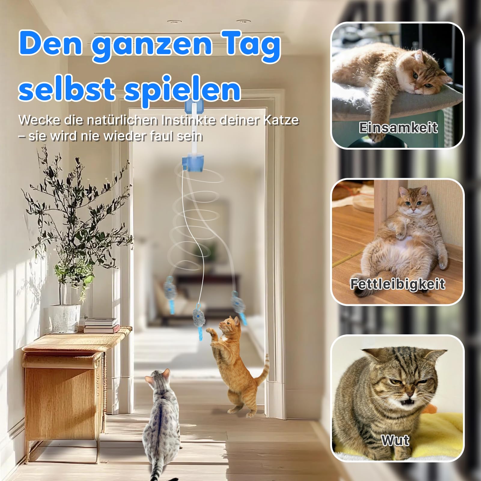 Elektrisches Katzenspielzeug mit Fernbedienung, Interaktives Katzenspielzeug für Wohnungskatzen, automatische 360°-Bewegung, unregelmäßige Bewegungen, USB-wiederaufladbar (Blue)