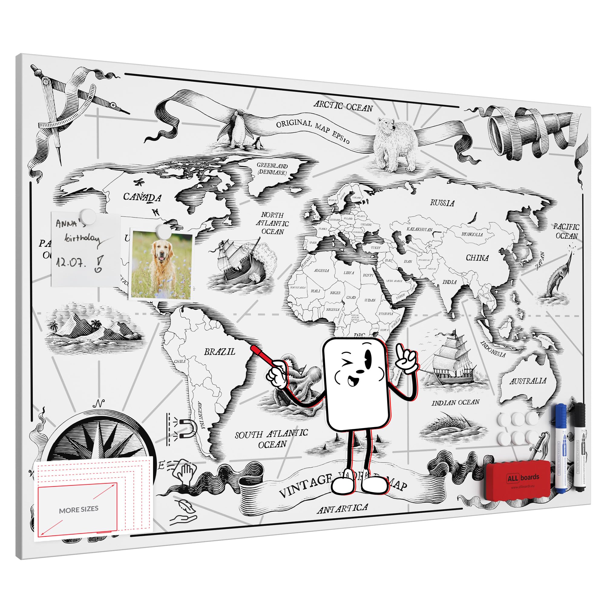 ALLboards METALboards Magnetic Board, Retro World Map 90×60 cm + Free Accessories Set