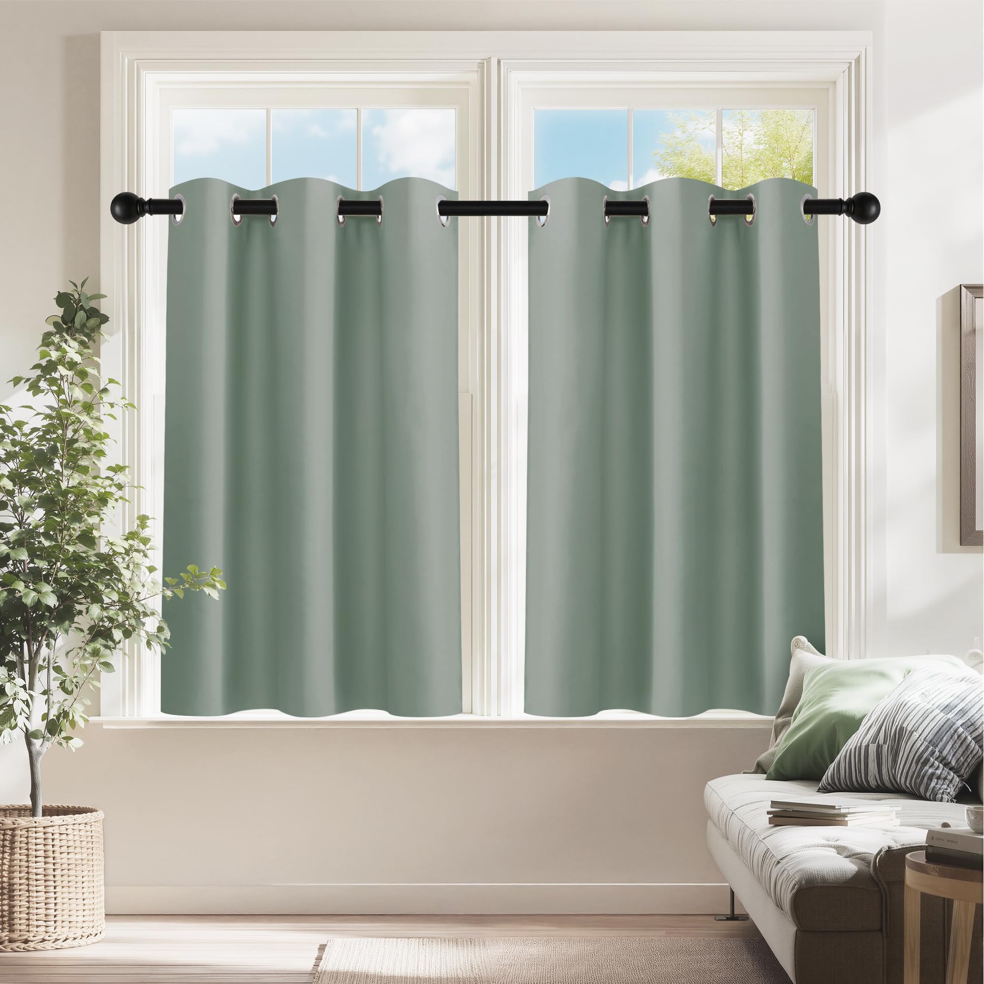 PONY DANCE Sage Green Small Curtains for Bathroom, Black Out Thermal Insulated Short Window Drapes Grommet Room Darkening Half Window Curtains for