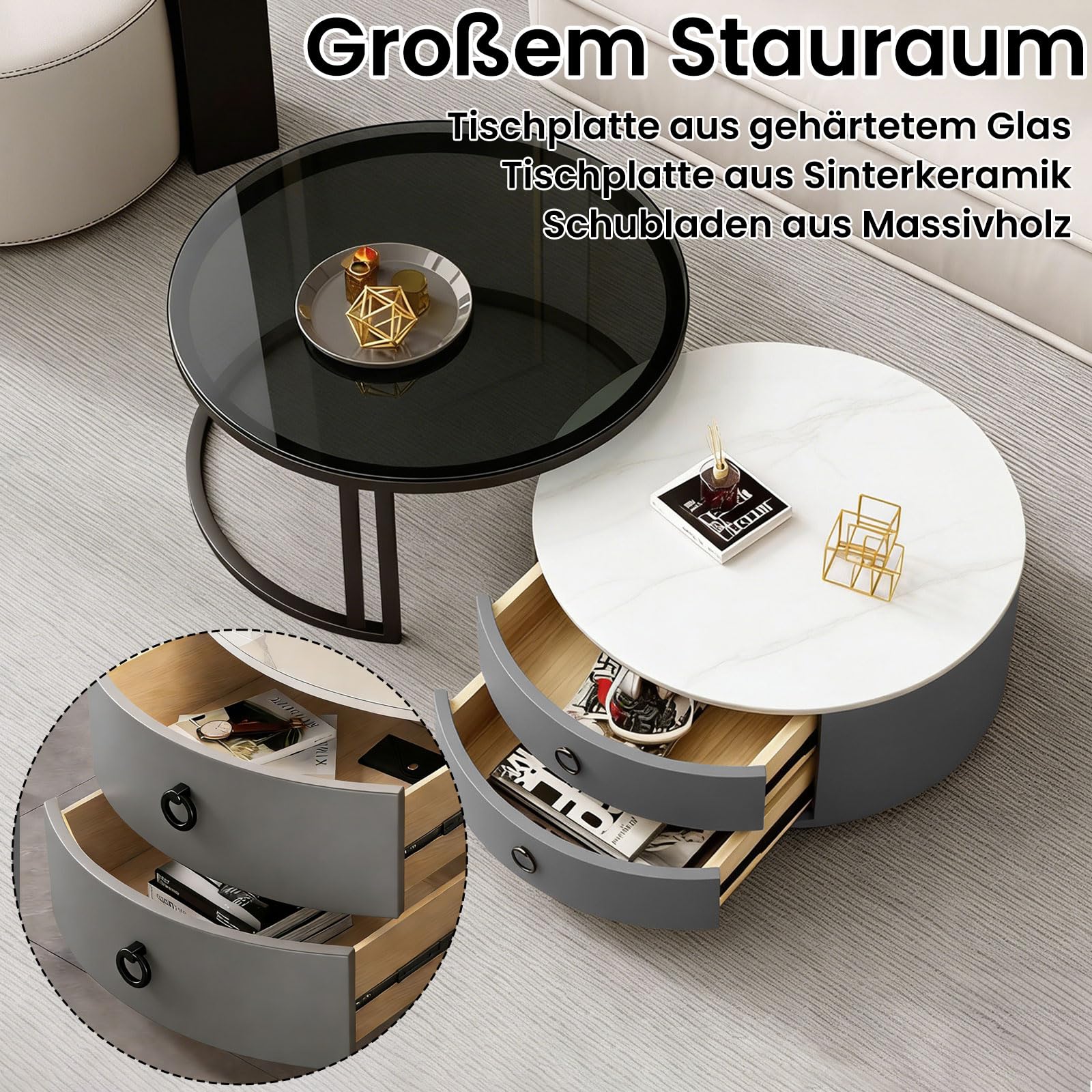 Generisch 2er Set Runde Couchtische mit Stauraum, Moderne Wohnzimmertisch mit Marmoroptik und Glasplatte, Stapelsofa Beistelltisch für Schlafzimmer Wohnzimmer Balkon Büro