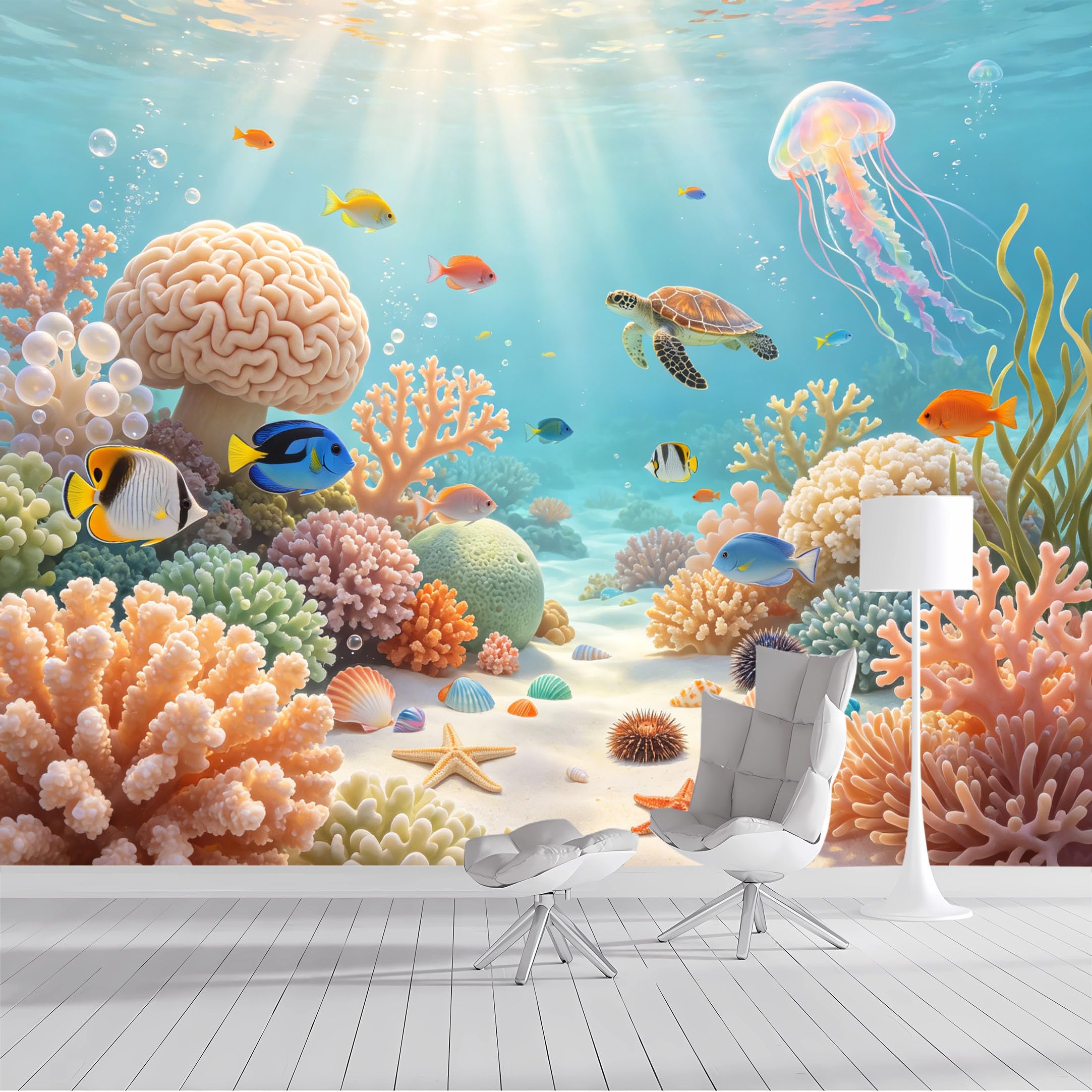 Custom Size Wall Mural Underwater Ocean Coral Reef Sea Turtle Jellyfish Tropical Fish Marine Life Aquarium Panorama Watercolor SelfAdhesive Wall Fabric Removable Wallpaper for Living Room