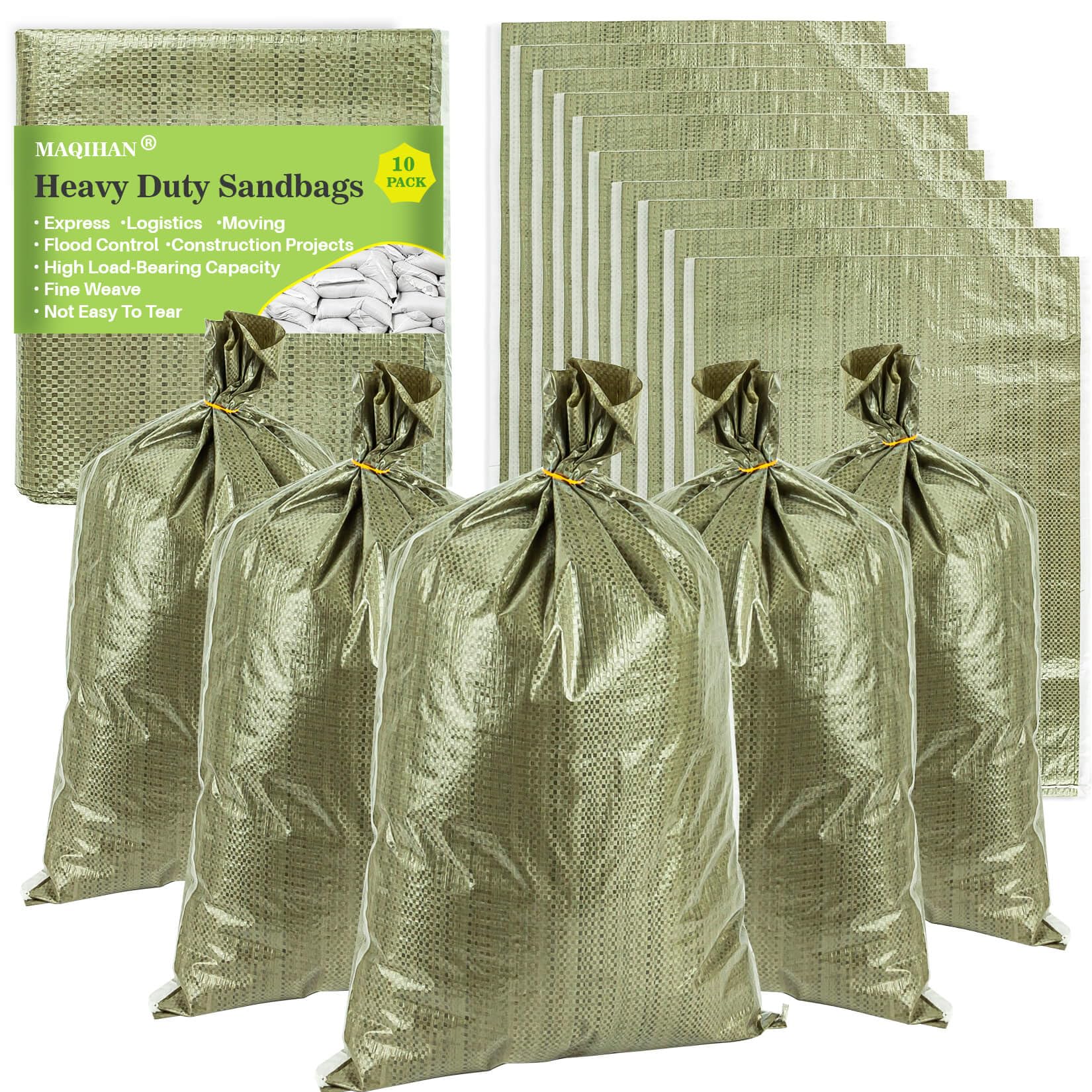 MAQIHANEmpty Sand Bags - 7PCS Green Woven Polypropylene Heavy Duty Tear Resistant Sandbags for Hurricane Sand Bags for Flooding Construction Project Storing Dry Materials
