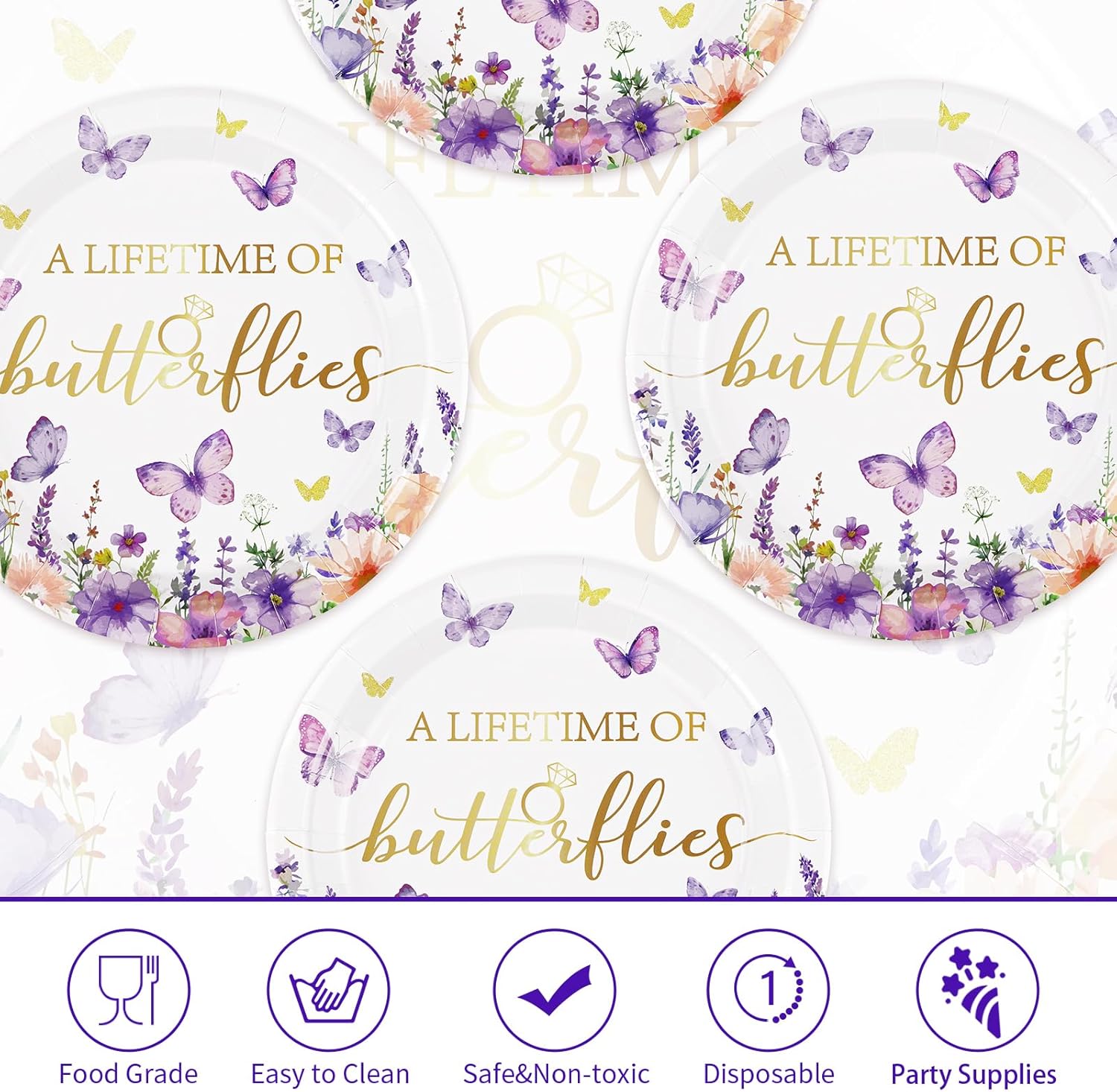 50Pcs Butterfly Bridal Shower Party Supplies Butterfly Paper Plates 9" Disposable Spring Watercolor Floral Dessert Platters A Lifetime of Butterflies Party Decorations for Wedding Engagement Party