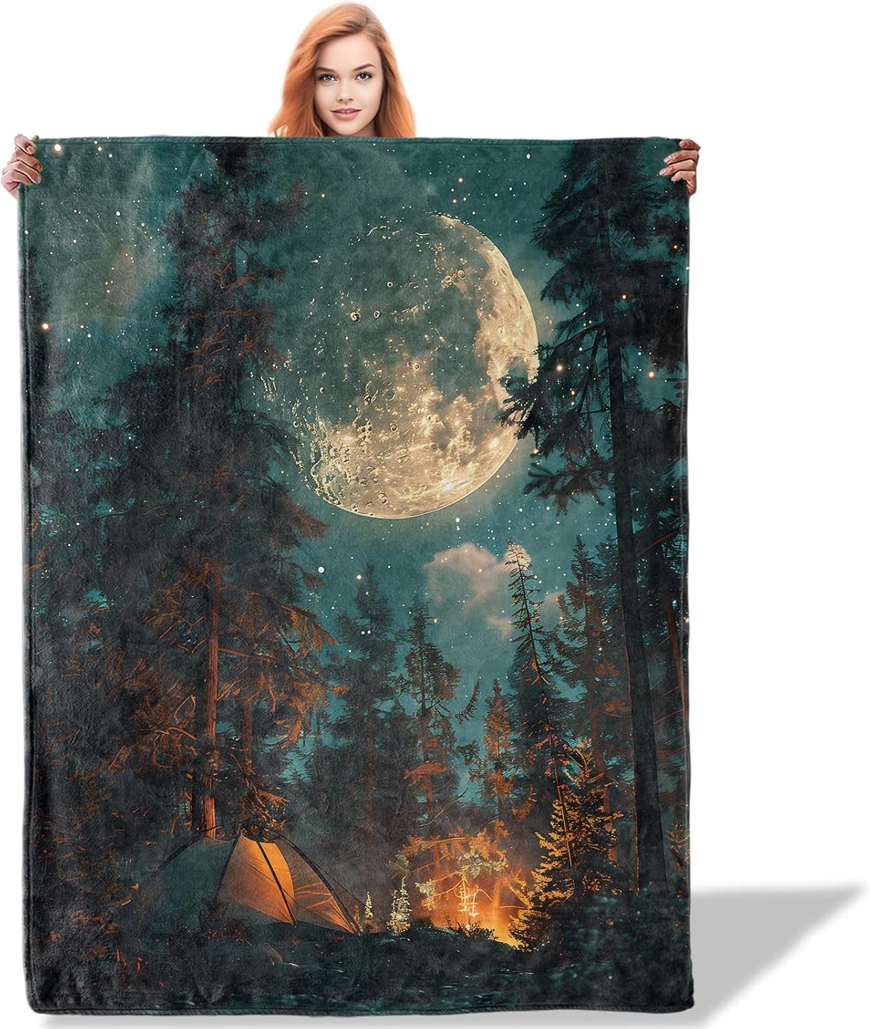 Camping Throw Blanket 60x80, Moonlit Night Design Blankets for Living Room Decor, Cozy Warm Flannel Outdoor Adventure Gifts for Adults and Kids