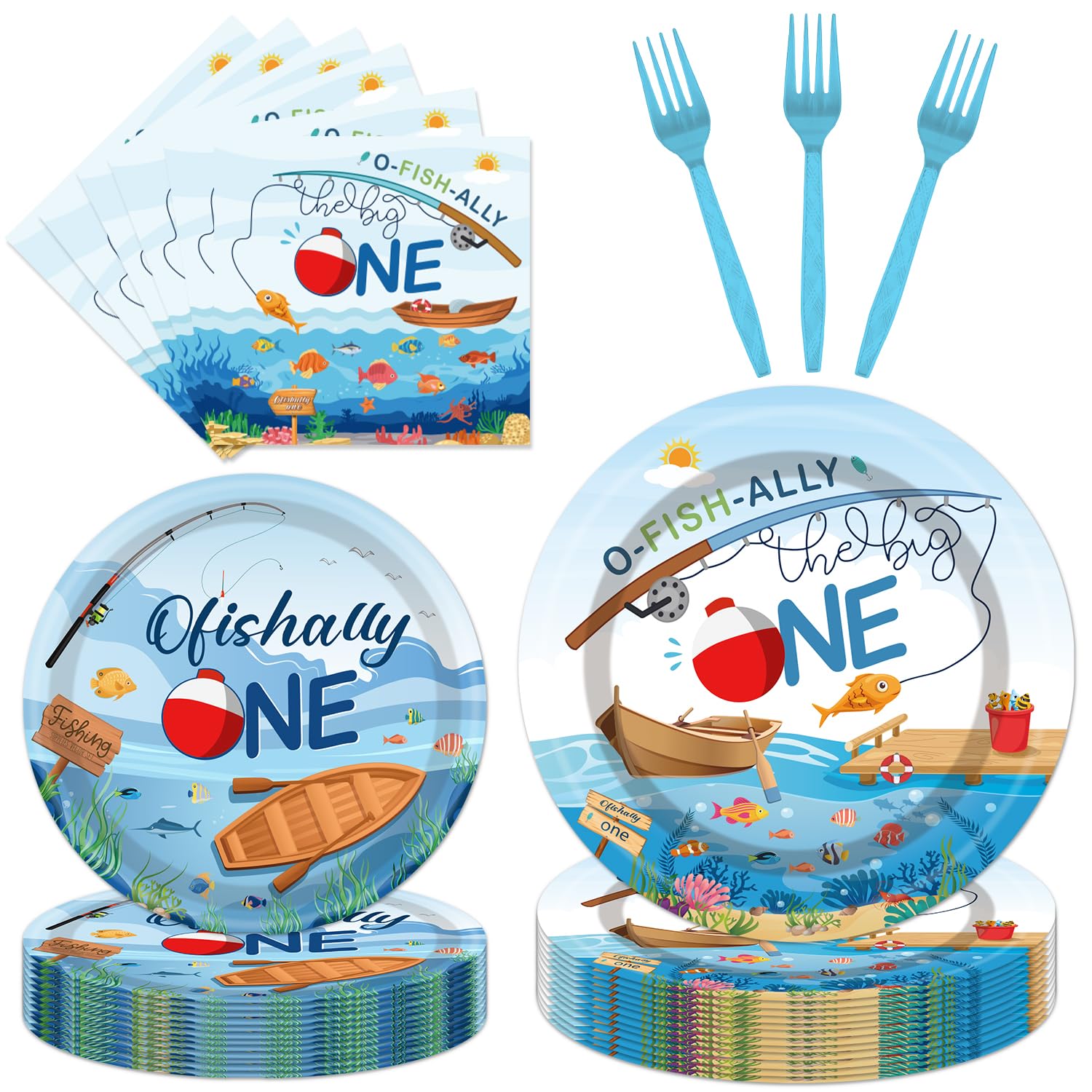 Ofishally One Birthday Party Decorations- 96PCS O Fishally One Plates and Napkins Party Supplies Fishing First Birthday Decorations 1st Fish Themed
