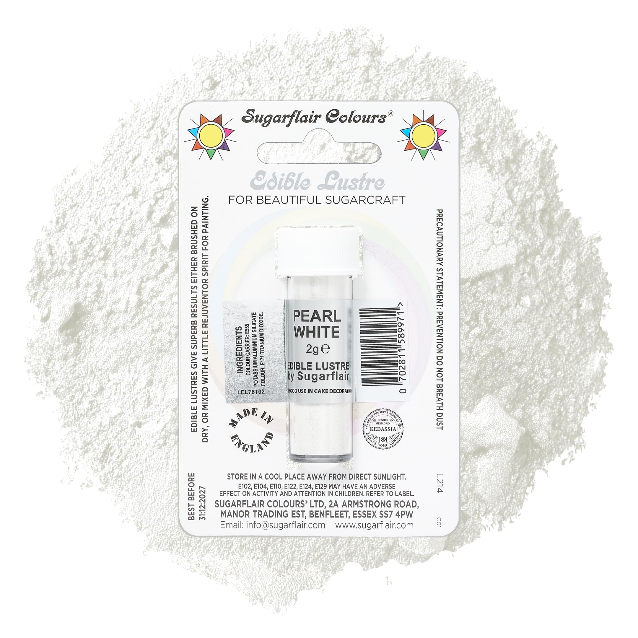 Sugarflair Pearl White Edible Lustre Dust, Add a Lustrous Shine to Cakes or Decorations. Brush On or Add Rejuvenator to Create Eye-Catching Edible Paint, Gives Shine to Your Bakes - 2g