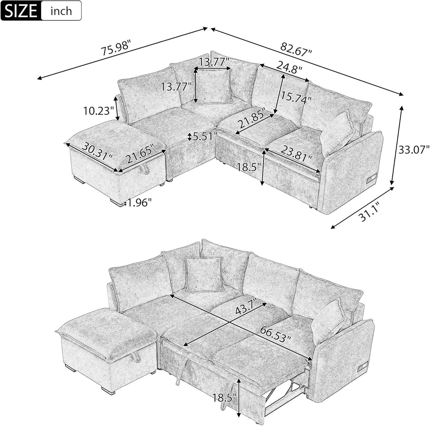 Convertible Sectional Sofa Bed with Storage Chaise, L-Shaped, 4 Seater, Green, 82.67 inches, Pull Out Bed, Storage Ottoman, 2 Pillows, 2 Power Sockets, 2 USB Ports