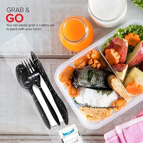 Miniatura 4 de Juego de cubiertos de plástico envueltos individualmente con servilleta + paquetes de sal y pimienta en negro (250 unidades) bolsas de cubiertos