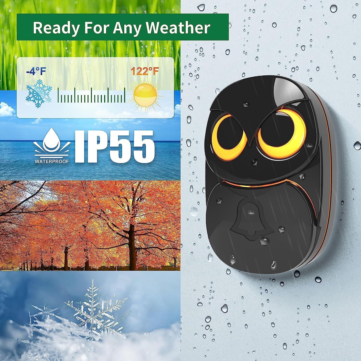Wireless Doorbell, Cute Owl Doorbell Weatherproof IP55 Outdoor Remote Push Button- 1000 feet Long Wireless Range- 35 Classic Melodies Optional,5 Volume Levels & LED Flash-2Receivers+1Transmitter,Black