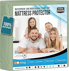 Utopia Bedding Waterproof Mattress Protector King Size, Premium Terry Mattress Cover 200 GSM, Breathable, Fitted Style with Stretchable Pockets (Sage)