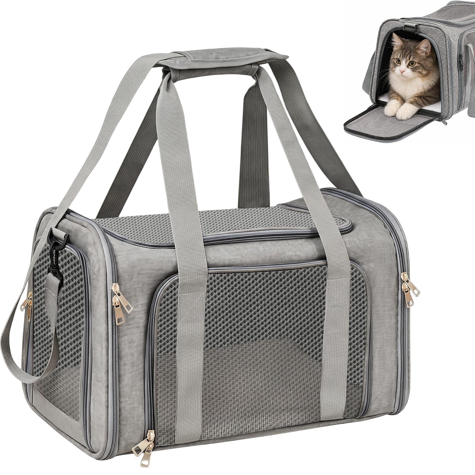 Trasportino per Cani e Gatti, Trasportino per Gatti, Tappetino Rimovibile, Tracolla Regolabile, Borsa Pieghevole Portatile, fino a 8 kg, per Gatti e Cuccioli (Grigio, L 43 x P 28 x H 28 cm)