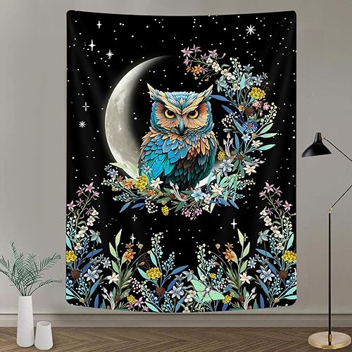 Miniatura 2 de Tapiz vertical estético floral de búho bohemio, diseño de luna, lindo búho botánico, flor botánica, tapiz bohemio para dormitorio, decoración de