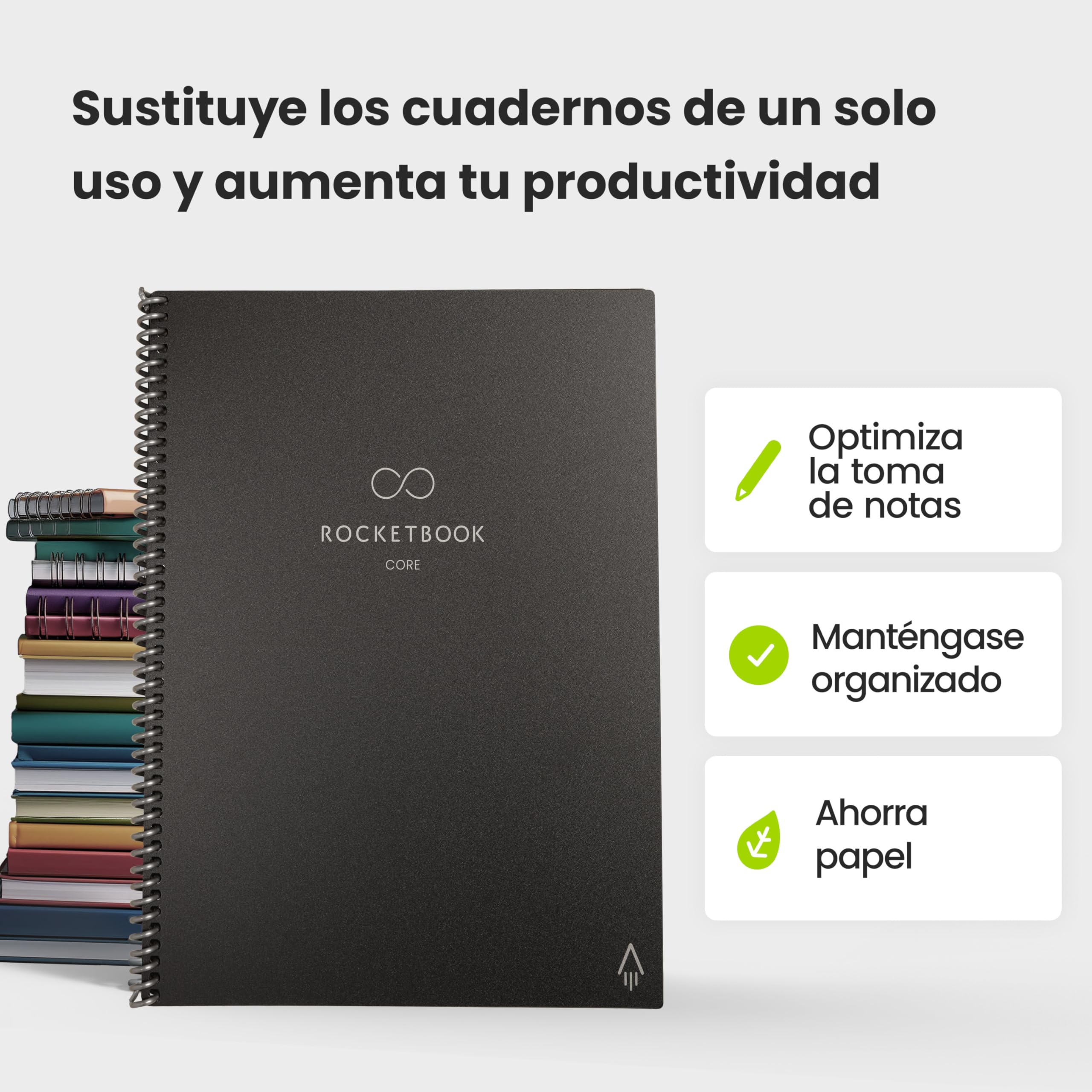 Rocketbook Core Cuaderno Espiral Reutilizable, Tamaño A4 21 cm x 29,7 cm, Negro - Páginas de Rayas, Conexión a App, Borrable, Tapa Duradera, para el Colegio, el Trabajo y los Proyectos Creativos