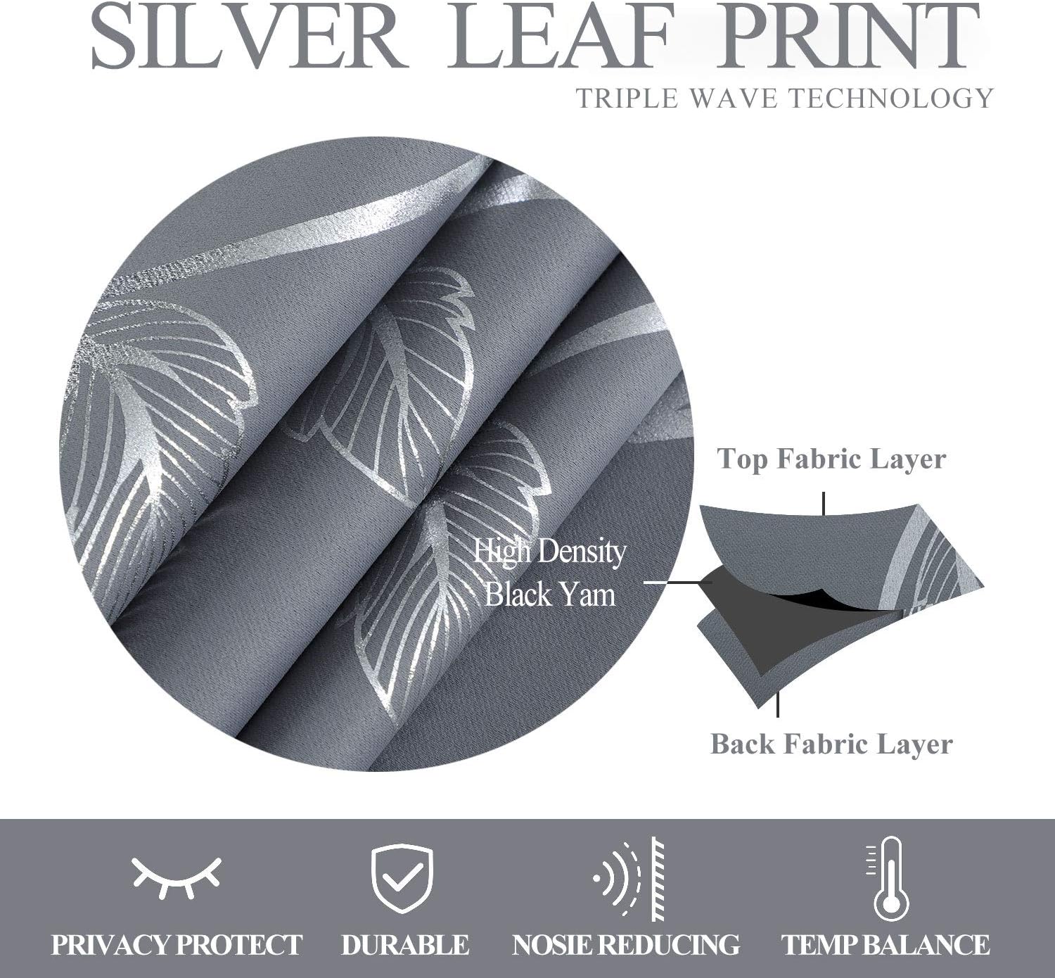 BUHUA Flower Print Blackout Curtains Thermal Insulated Window Curtains Silver Elegant Vine Pattern for Baby Room Light Grey 38W by 63L 2 Panels