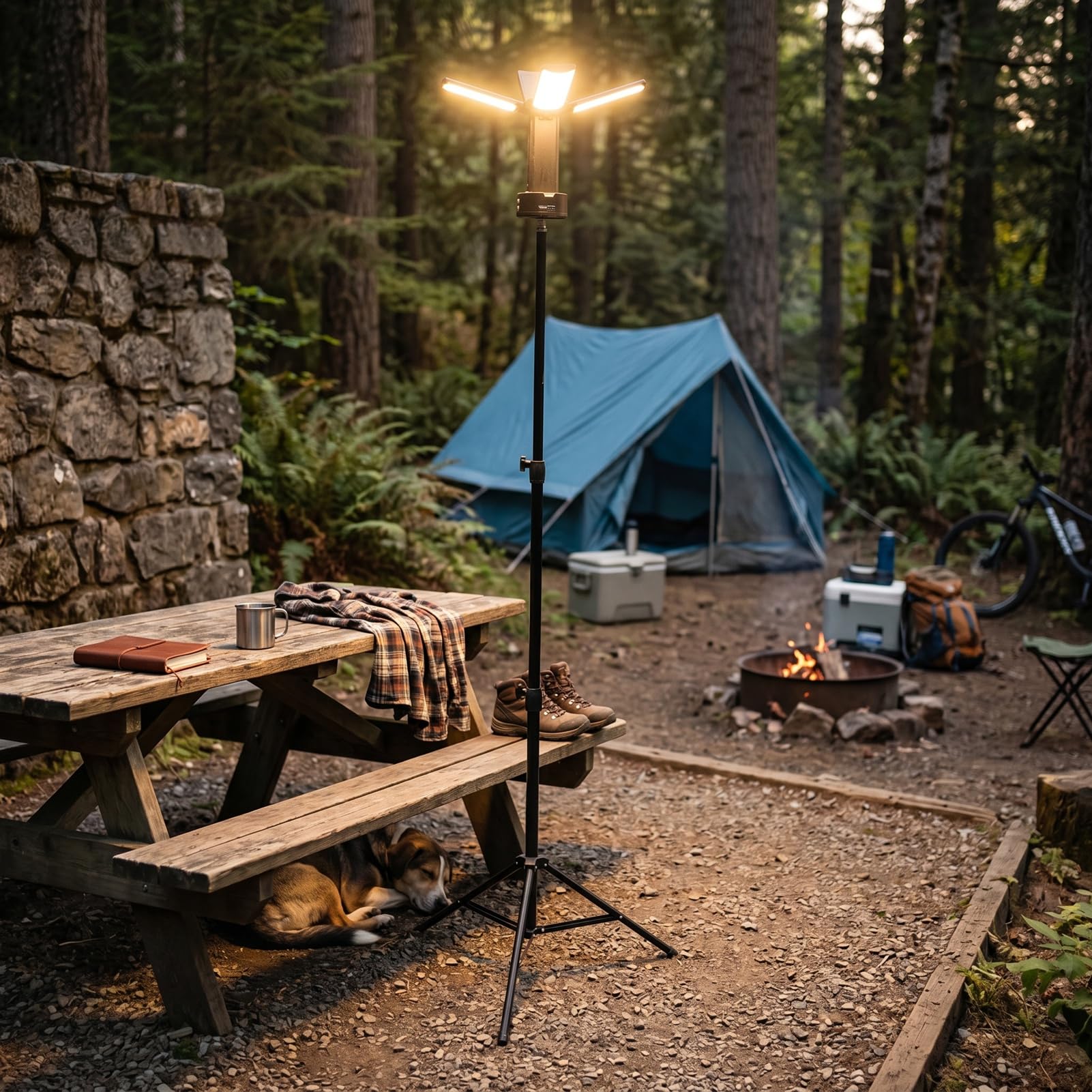 Luocute Luce da Campeggio Ricaricabile con Supporto, 4 Pannelli LED Regolabili 4100LM 6000K Lanterna Portatile Dimmerabile, con Base Magnetica Treppiede per Tenda da Campeggio di Emergenza