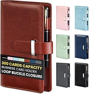Sooez 300 Capacity Business Card Holder Organizer, Professional Business Card Holder Case Book with Secure Loop, Premium Vegan Leather Credit Card Holder for Women Men, Gift Card Storage, Brown